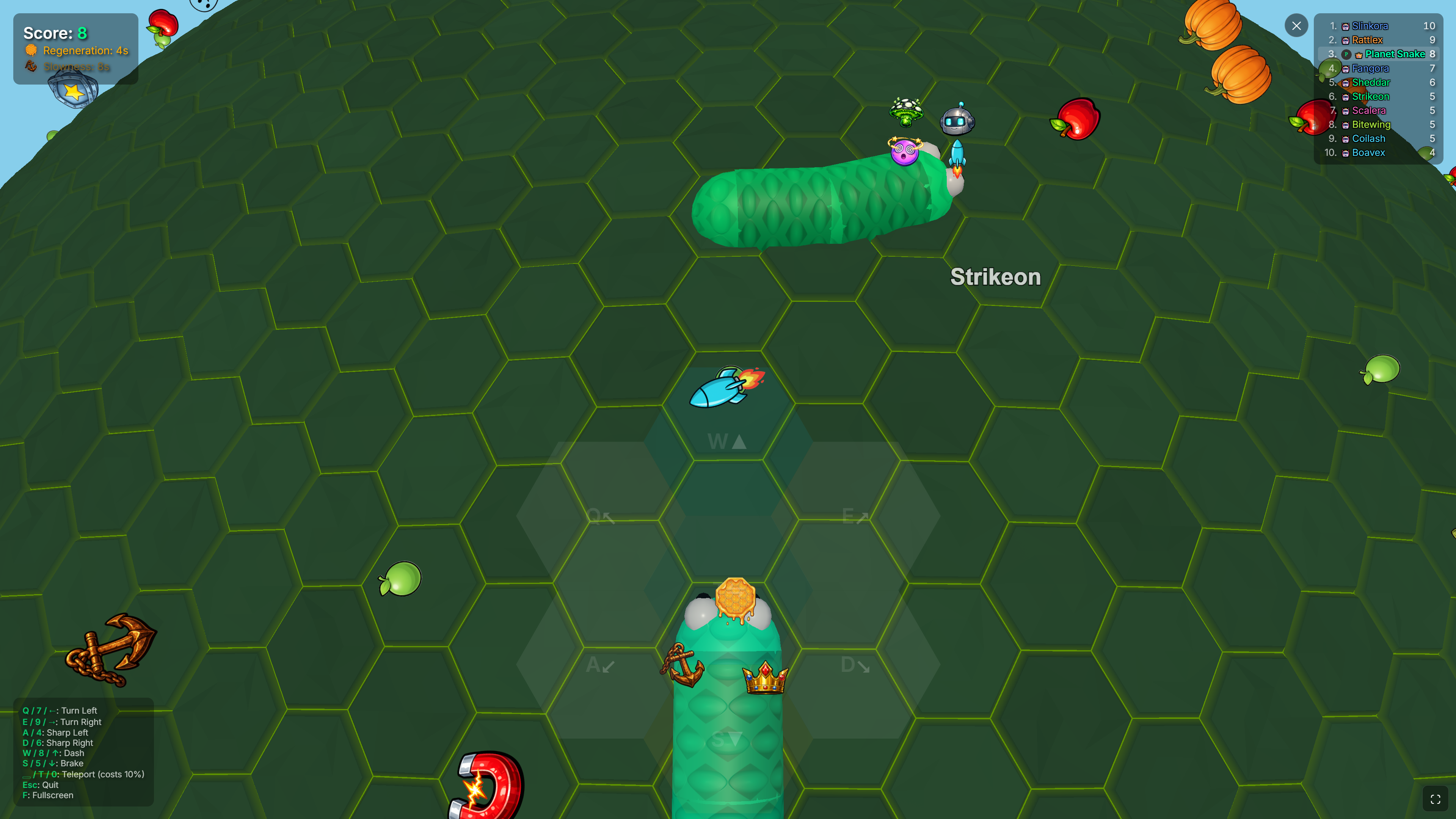 Planet Snake gameplay — a green snake glides over a hex-tiled planet surrounded by colourful fruit
